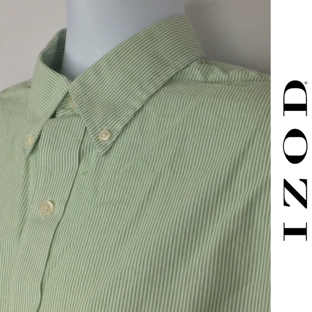 IZOD Mens Green White Striped Dress Shirt Sz Large